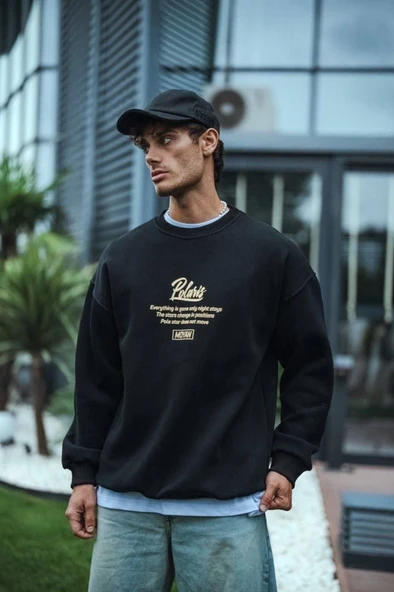 Arka Baskılı Kadın Günlük Stil Siyah Kışlık Bisiklet Yaka Ön Ve Sweatshirt ürün görseli 1