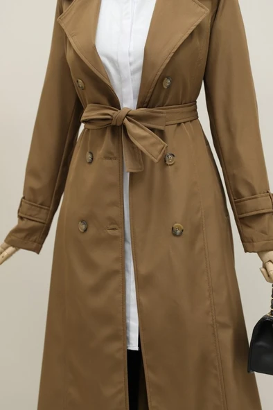 Kadın Modern Stil Astarlı Kemerli Trenckot -Taba ürün görseli 1