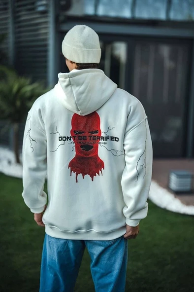 Beyaz Oversize Sweatshirt Baskılı Kadın Sokak Stili Üç İplik Kapüşonlu ürün görseli 1