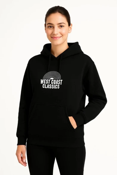 Arka Baskılı Kadın Sokak Stili Siyah Üç İplik Kapüşonlu Ön Ve Hoodie Sweatshirt ürün görseli 1
