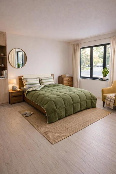 Sherpa Peluş Çift Kişilik Lastikli Çarşaflı Comforter Set Haki ürün görseli 1