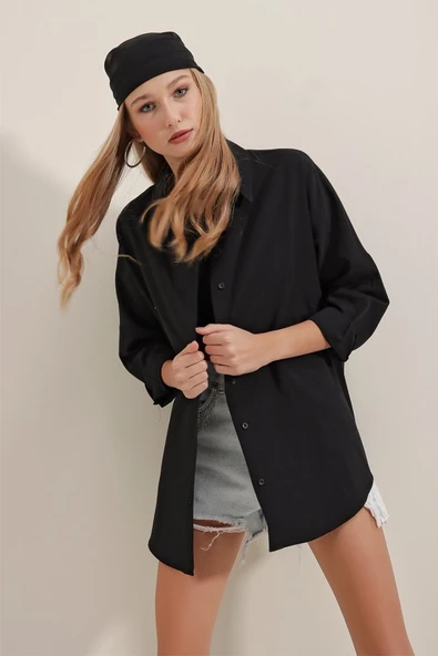 Kadın Salaş Stil Siyah Oversize Uzun Basic 3900 Gömlek - Resim 2