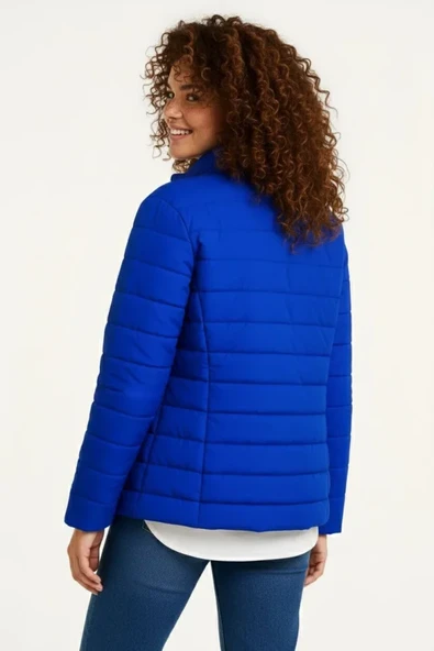 Baskılı Kadın Modern Stil Saks Mavisi Mikro Su İtici Kapitone Astarlı Fermuarlı Bomber Mont ürün görseli 1