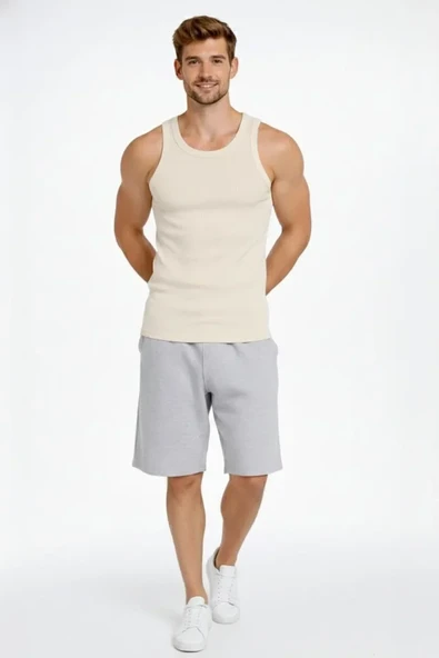 Arka Baskılı Erkek Fit Duruş Spor Fitilli Atlet 2'li Set Siyah Ve Bej Slim Fit Kaşkorse Spor Atlet ürün görseli 1