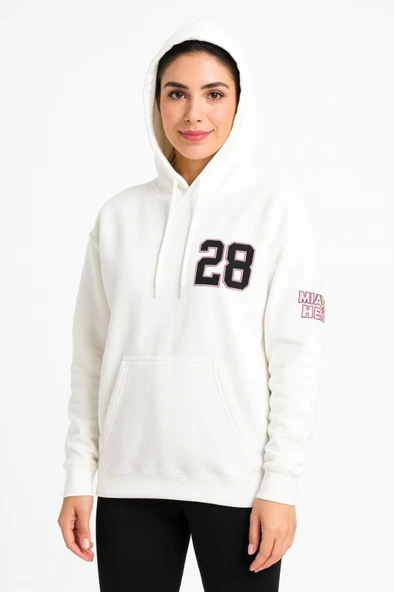 Arka Baskılı Kadın Sokak Stili Beyaz Üç İplik Kapüşonlu Ön Ve Hoodie Sweatshirt ürün görseli 1