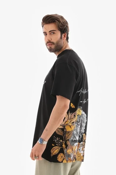 Baskılı Unisex Günlük Stil Siyah Bisiklet Yaka Oversize Tişört ürün görseli 1