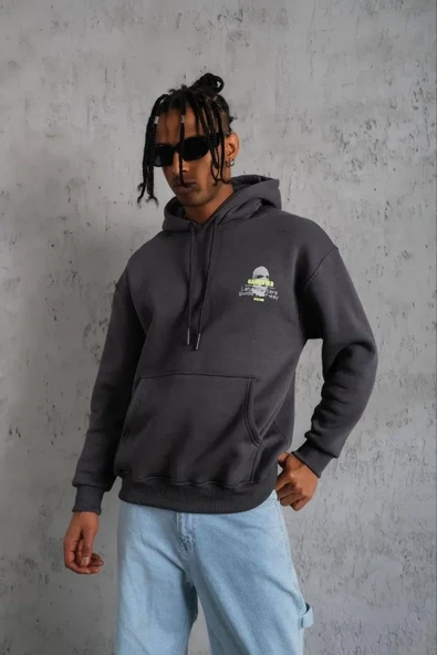 Baskılı Erkek Gri Kordonlu Maske Kapüşonlu Sweat ürün görseli 1