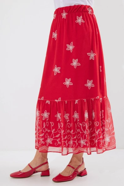 Desenli Kadın Modern Stil A.Kırmızı 8010 Şifon Etek ürün görseli 1