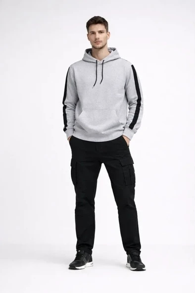 Erkek Salaş Stil Beyaz Şeritli Oversize 3 İplik Pamuklu Kapüşonlu Sweatshirt ürün görseli 1