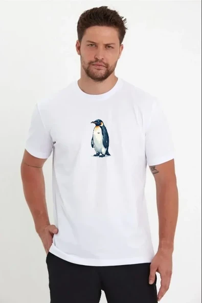 Sırt Baskılı Erkek Günlük Stil Beyaz - Survivor Penguin Temalı, Felsefi Yazılı Bisiklet Yaka Tişört Oversize Tişört ürün görseli 1