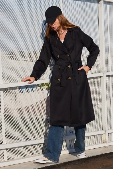 Kadın Modern Stil Siyah 5853 Kruvaze Yaka Trençkot ürün görseli 1