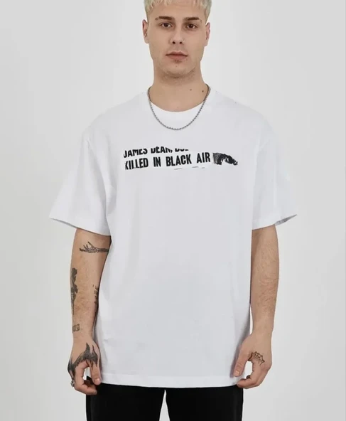 Baskılı Unisex Günlük Stil Beyaz Bisiklet Yaka Oversize Tişört ürün görseli 1