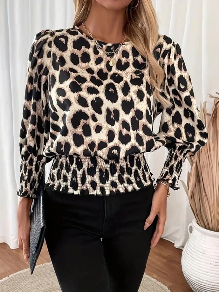 Desenli Kadın Zarif Dokunuş Uzun Kollu Bisiklet Yaka Leopar Modal Bluz ürün görseli 1