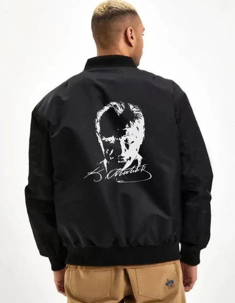 Baskılı Unisex Şehir Stili Siyah Uzun Kol Bomber Ceket ürün görseli 1