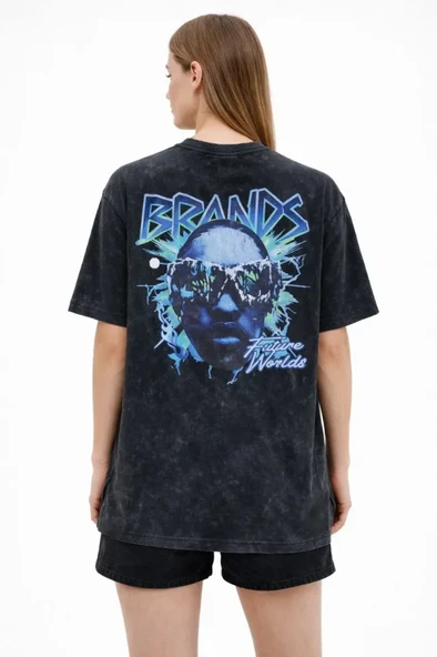 Baskılı Kadın Günlük Stil Siyah Asit Yıkamalı Future Worlds Bisiklet Yaka Kısa Kollu Streetwear %100 Pamuk Street Style Tişört Oversize Tişört ürün görseli 1