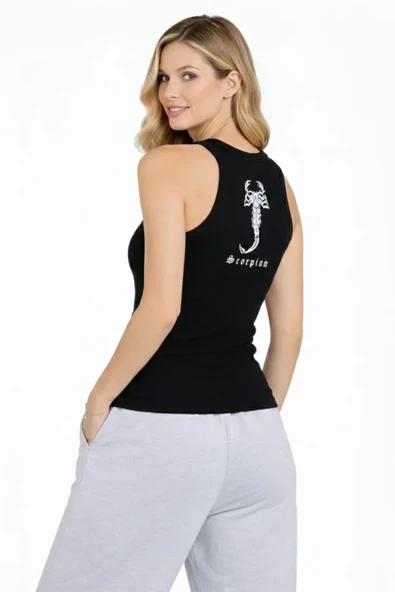 Arka Baskılı Kadın Fit Duruş Siyah Fitilli Atlet Sıfır Yaka Slim Fit Spor Atlet ürün görseli 1