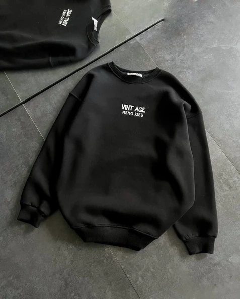 Baskılı Kadın Günlük Stil Siyah Bisiklet Yaka Üç İplik Oversize Sweatshirt ürün görseli 1