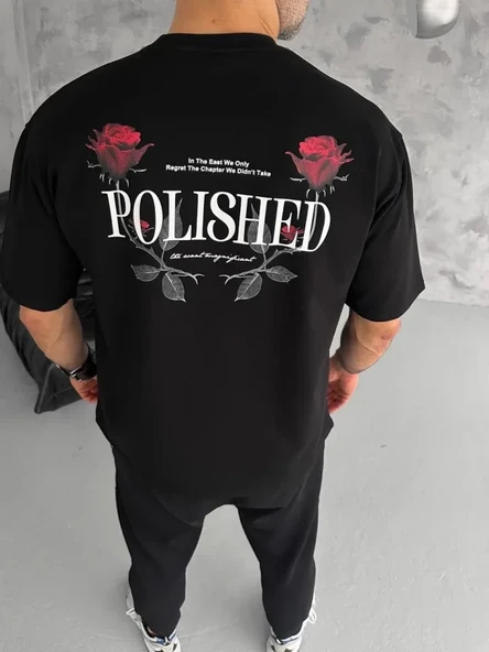 Baskılı Unisex Günlük Stil Siyah Bisiklet Yaka Oversize Tişört ürün görseli 1