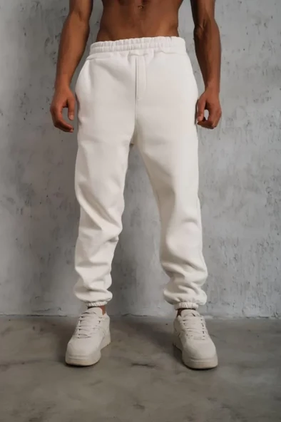 Erkek Modern Stil Beyaz Üç İplik Alt Eşofman Lastikli ürün görseli 1