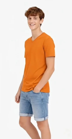 Erkek Turuncu Genç Çocuk V Yaka Yazlık Model Günlük Basic Body Tişört ürün görseli 1