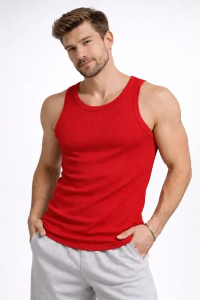 Arka Baskılı Erkek Fit Duruş Kırmızı Fitilli Atlet Sıfır Yaka Slim Fit Spor Atlet ürün görseli 1