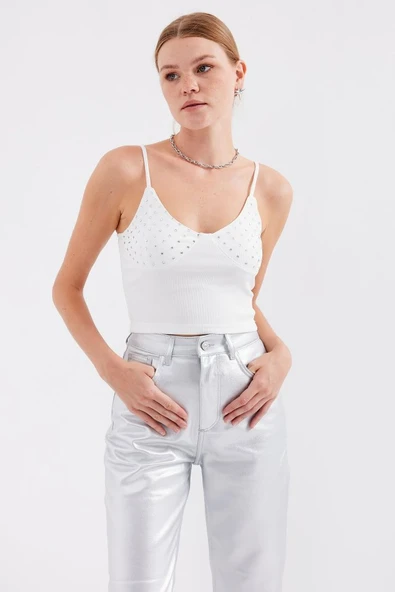 Kadın Modern Stil Beyaz 918 İp Askılı Crop Top ürün görseli 1