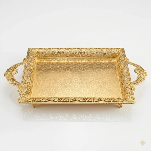 Gold Renk Ayaklı Tepsi Orta Boy Lkm-427 Gold - Lüks Sunum Tepsisi ürün görseli 1