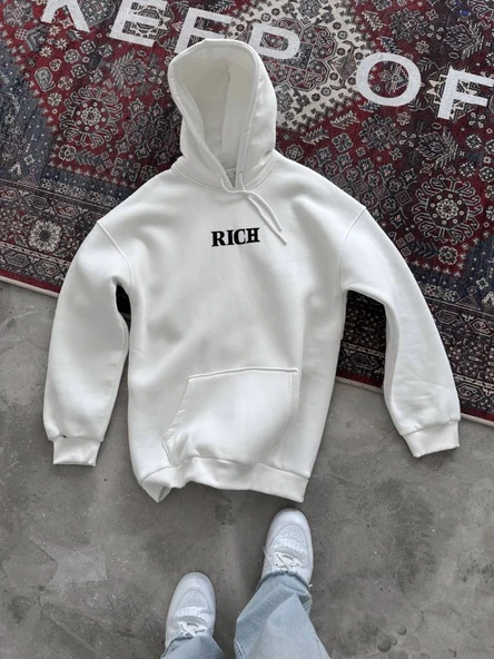 Göğüs Baskılı Kadın Günlük Stil Beyaz Uzun Kol Kapüşonlu Sweatshirt ürün görseli 1