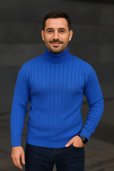 Fitilli Dokuma Erkek Günlük Şıklık Saks Mavisi Balıkcı Yaka Bağazlı Pamuklu Kalın , Regular Fit Uzun Kollu Kışlık Model Triko Kazak ürün görseli 1