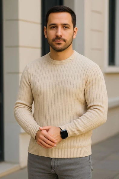 Fitilli Dokuma Erkek Günlük Şıklık Bej Bisiklet Yuvarlak Yaka Pamuklu Kalın , Regular Fit Uzun Kollu Kışlık Model Triko Kazak ürün görseli 1