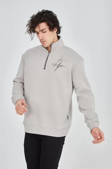 Baskılı Erkek Günlük Stil Boyalı Efektli Gri Yarım Fermuarlı Sweatshirt ürün görseli 1