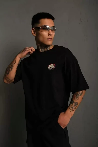 Baskılı Unisex Günlük Stil Siyah High-End Streetwear Oversize Tişört ürün görseli 1
