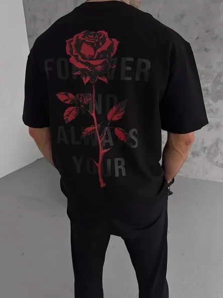 Baskılı Unisex Günlük Stil Siyah İmza Tasarım Bol Kesim Tişört ürün görseli 1