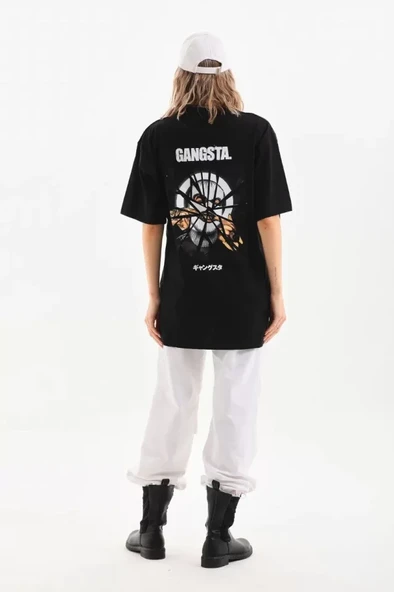 İllüstrasyon Baskılı Unisex Günlük Stil Siyah Pamuklu Oversize Tişört ürün görseli 1