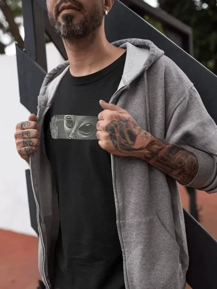 Baskılı Unisex Günlük Stil Siyah Eskitme Efektli Oversize Tişört ürün görseli 1