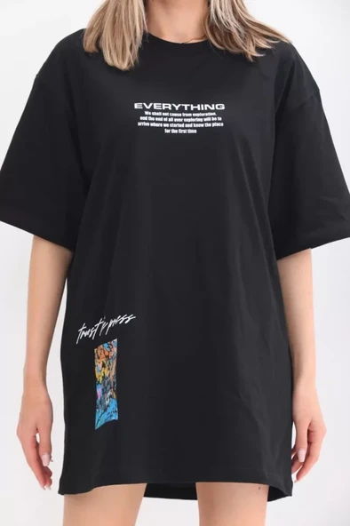 Baskı Detaylı Unisex Siyah Mat Premium Oversize Tişört ürün görseli 1