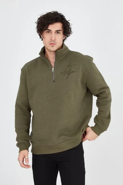 Baskılı Erkek Günlük Stil Çimen Yeşili Yarım Fermuarlı Sweatshirt ürün görseli 1