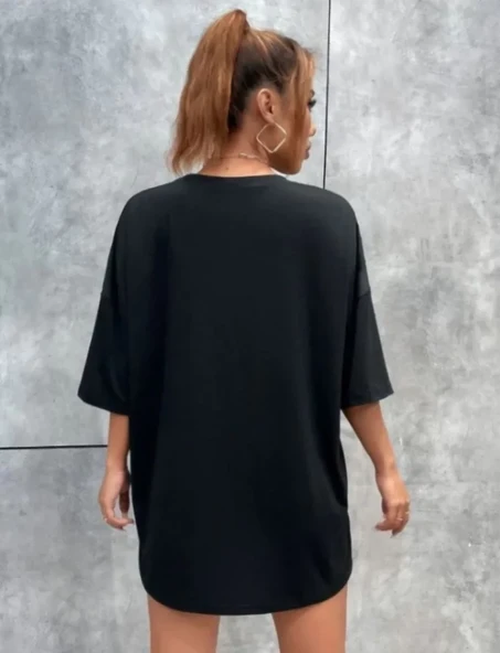 Unisex Günlük Stil Gece Siyahı Klasik Dokulu Pamuklu Oversize Tişört ürün görseli 1