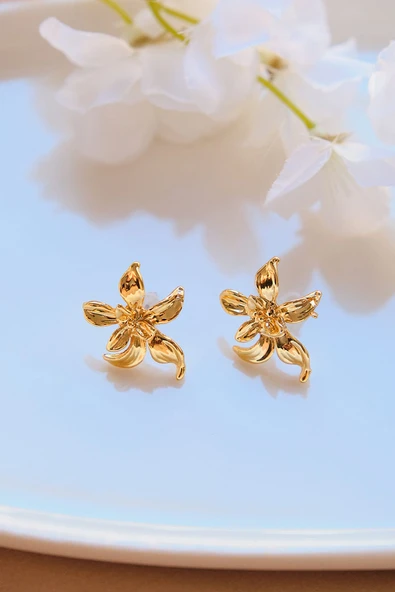 Gold Ayrık Yapraklı Çiçek Küpe - Resim 2