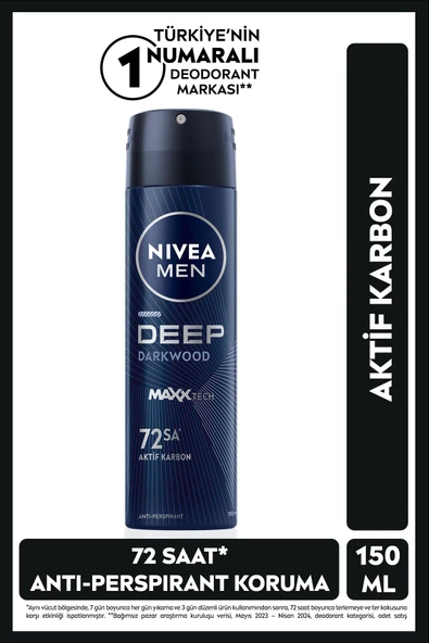 MEN Erkek Sprey Deodorant Deep Dimension Aktif Karbon 150ml, 48 Saat Anti-perspirant Ter Koruması ürün görseli 1