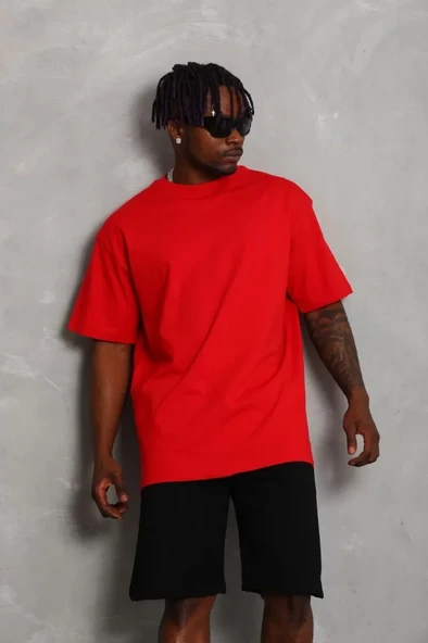 Düz Dokulu Unisex Salaş Stil Bayrak Kırmızısı Oversize Bisiklet Yaka Tişört ürün görseli 1