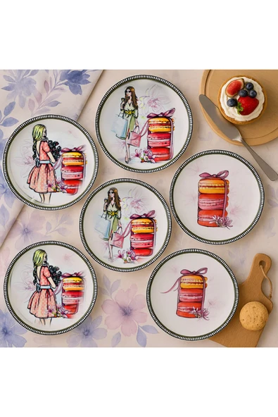 Macaron & Moda Figürlü Renkli 6'lı Pasta veya Tatlı Tabak Seti (20 CM) Tatlı, Kek veya Servis Tabağı ürün görseli 1