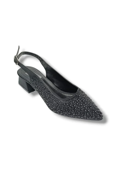 C-Shoes 2605-26 Saten İncili Taşlı Kare Topuk Arkası Açık Kadın Ayakkabı ürün görseli 1