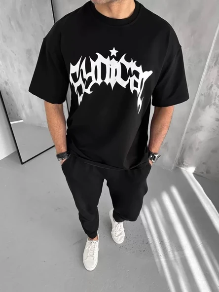 Unisex Günlük Stil Siyah Sokak Sanatı Detaylı Oversize Tişört ürün görseli 1