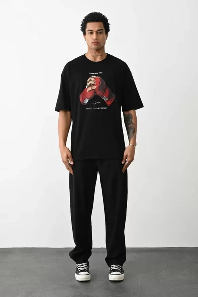 Unisex Günlük Stil Gece Siyahı Saf Pamuk Pamuklu Oversize Tişört ürün görseli 1