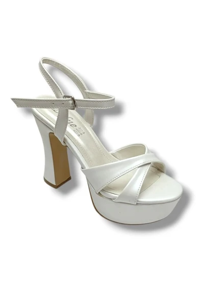 Defne 787-26 Sedef Beyazı Çapraz Aynalı 30mm Platform Topuk Kadın Sandalet(12cm) ürün görseli 1