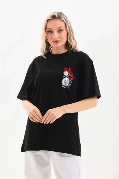 Baskılı Unisex Günlük Stil Tipografi Siyah Pamuklu Oversize Tişört ürün görseli 1