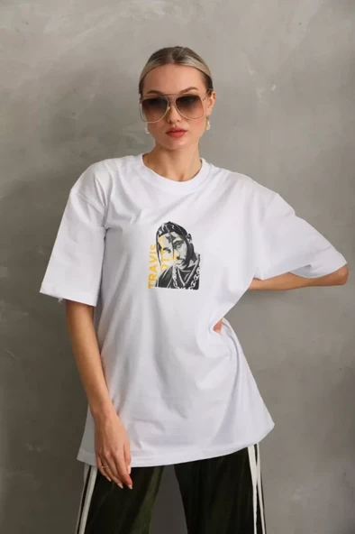 Baskılı Unisex Günlük Stil Vintage Beyaz Pamuklu Oversize Tişört ürün görseli 1