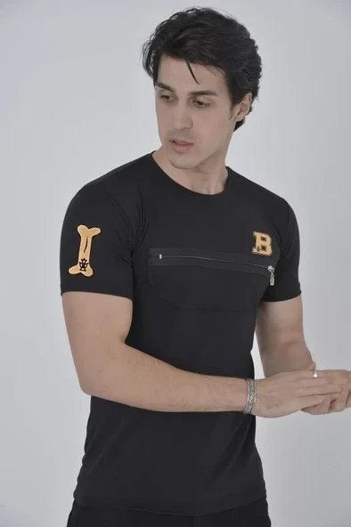 Grafik Baskılı Unisex Günlük Stil Siyah Önü Fermuar Detaylı Tişört ürün görseli 1