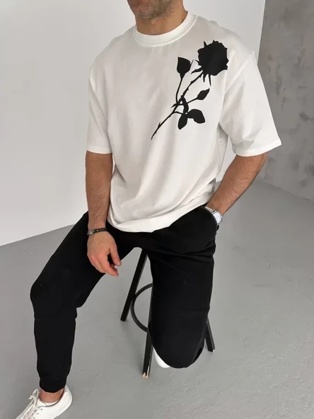 Baskı Detaylı Unisex Günlük Stil Beyaz Galaksi Oversize Tişört ürün görseli 1